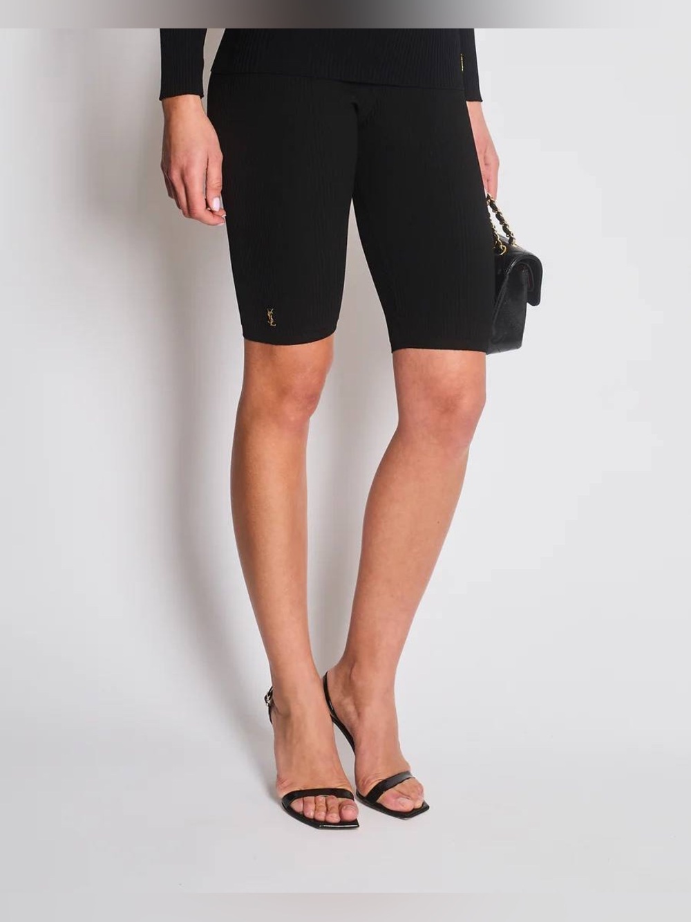 Authentic Saint Laurent Black Ribbed Knit Shorts Leggings Gold Logo Size L New